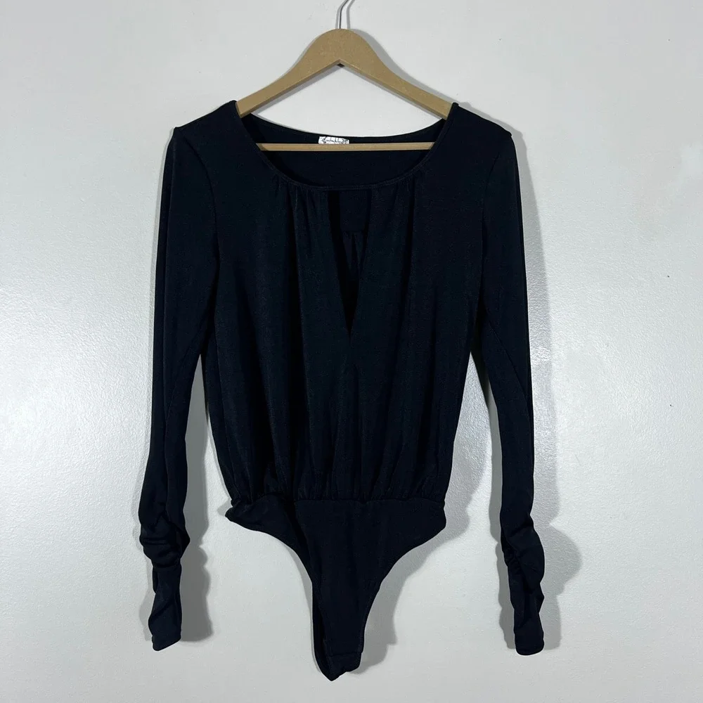 Free People Intimately Solid Bodysuit Black Dark Romance Ruched Sleeve Size XS